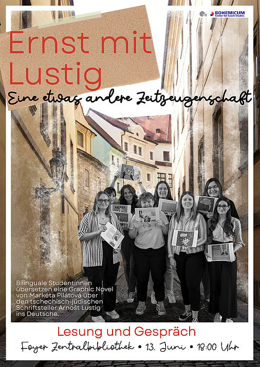 Plakat. Gruppe von Studentinnen. In einer engen Straße mit historischen Gebäuden